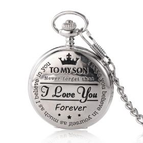 Personalized Silver Quartz Engraved Analog Pocket Watch with Necklace Chain Mom Dad to Son Gifts