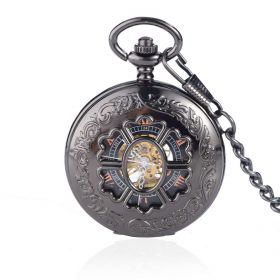 Hollow Floral Antique Black Mechanical Pocket Watch Roman Numeral Scale with Chain