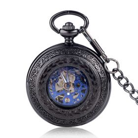 Classic Engraved Alloy Mechanical Pocket Watch Skeleton Steampunk with Chain for Men