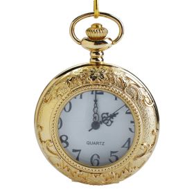 Embossed Floral Edge Quartz Pocket Watch Golden Case LPW118 with 15 inches alloy chain