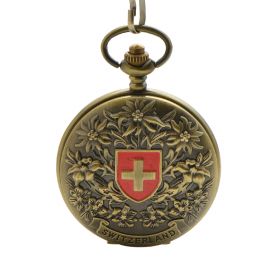 Retro Bronze Color Swiss Flag Flower Quartz Pocket Watch