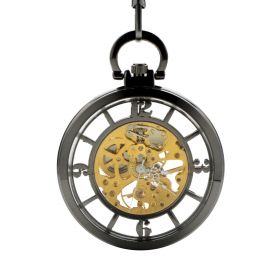 Classic Black Steampunk Mechanical Skeleton Pocket Watch Fob Open Face