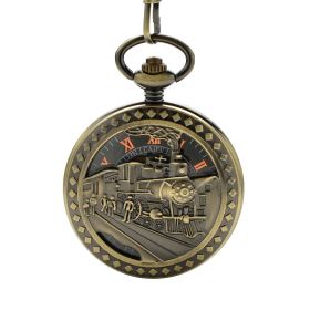 Retro Bronze Train Mechanical Pocket Watch Black Dial Roman Number 