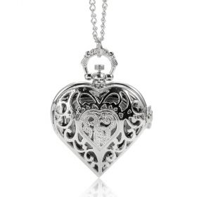 Quartz Movement Heart Pocket Necklace Watch Silvery Tone