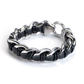 Men Stainless Steel Curb Chain Black Genuine Leather Bracelet