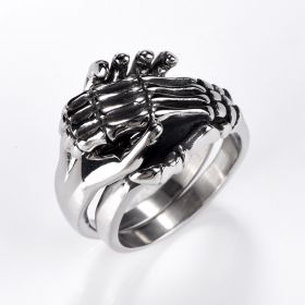Stainless Steel Double Skull Skeleton Hand Ring Punk Rock Jewelry for Men