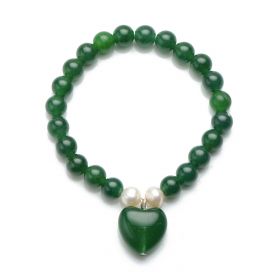 Hot Sale Heart Charm Bracelet for Kids 6mm Round Green Malaysia Jade Stretch Beaded 