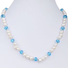Fashion Ladies 6-7mm White Freshwater Pearl with Blue Crystals Necklace 17 Inch