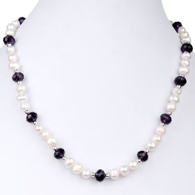 Simple Design Women's White Freshwater Cultured Pearl with purple Crystal Necklace 17 Inch