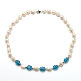 Classic Fashion Ladies 8-9 mm Nugget White Pearls Peacock Blue Crystal Necklace 17inch