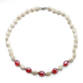 8-9mm White Freshwater Cultured Pearls Necklace with Red Oval Crystal Beads Decoration 17''