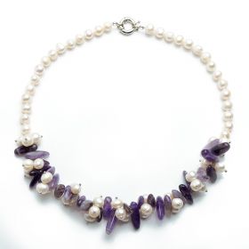 18 Inch 8-9mm White Freshwater Pearl and Amethyst Necklace