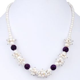 Beauty White Freshwater Cultured Pearl Necklace with Purple Clay Crystal Pave Ball Beads 17 Inch