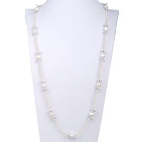 Women White Freshwater Pearl and White Crystal Long Necklace 36 Inch