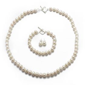 White 8-9mm Potato Pearl Necklace Bracelet Earrings Jewelry Set 925 Silver Clasp