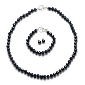Black 8-9mm Potato Pearl Necklace Bracelet Earrings Jewelry Set 925 Sterling Silver