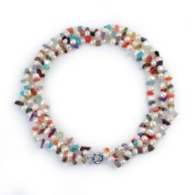 7-8mm White Nugget Pearls and Multi-color Nugget Stones Twisted Necklace Triple Strands