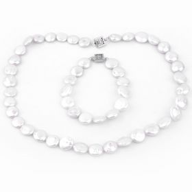 12mm White Coin Freshwater Pearl Necklace Bracelet Set for Women Jewelry