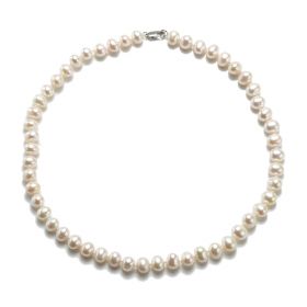 Off-Round 8-9mm White Freshwater Cultured Pearl Necklace with 925 Silver Clasp 17"