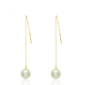 Simple Style Fine 18K Gold  Long Dangle 7-7.5mm White Nature Pearl Drop Earrings