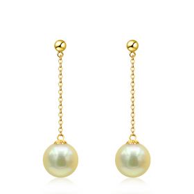 18K Gold Long Dangle Earrings with Golden Saltwater Round Pearl Drop Earring 7.5-8mm