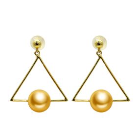 Women's 18K Gold Geometric Hollow Triangle Earrings with 8-8.5mm Golden Pearl