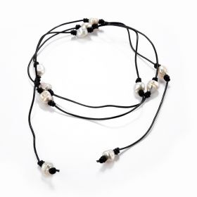Handcraft Knotted White Baroque Pearl Leather Lariat Necklace 48 inch