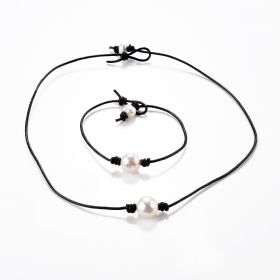 Single Freshwater Pearl on Leather Cord Knotted Jewelry Necklace Bracelet for Girls Women