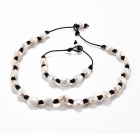 White Baroque Pearls Hand-knotted on Leather Cord Necklace and Bracelet Fashion Jewelry Set