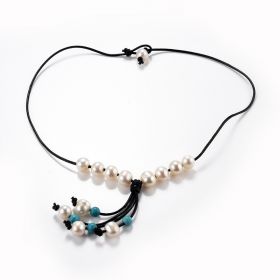 Elegant Freshwater Pearl and Synthetic Turquoise Beads Leather Lariat Necklace