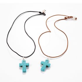 Cross shaped Turquoise White Freshwater Pearl Pendant Leather Necklace 18 inch