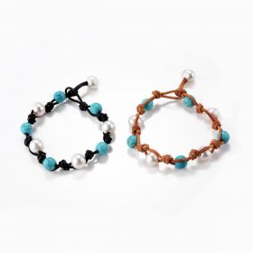 Fancy Freshwater Pearl and Turquoise Beads Knotted on Leather Beach Bracelet Jewelry