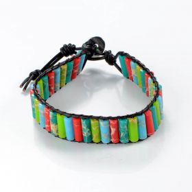 Single Strand Mix Colorful Stone Cylinder Beads Leather Wrap Friendship Bracelet Boho Bangle for Women