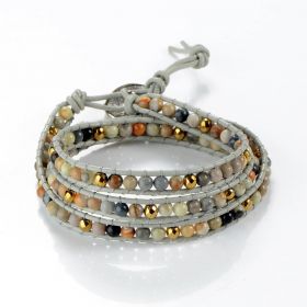 Handmade Picasso Jasper Stone and Gold Hematite Beads 3 Row Wrap Statement Bracelet Boho Jewelry