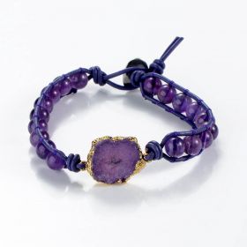 Amethyst Stone Beaded Wrap Bracelets Bohemian Style Druzy Leather Woven Healing Stone Jewelry