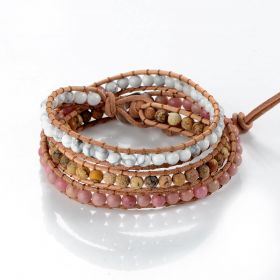 Rhodochrosite, Howlite, Picture Jasper Mix Stone Beads Leather Wrap Boho Stacking Bracelet for Friendship Gift