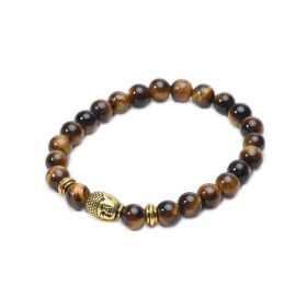 Men's 8mm Tiger Eye Energy Stone Beads Stretch Bracelet with Buddha, Lion Head Charms