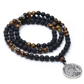 Black Lava and Tiger's Eye Stone Beaded Long Necklace with Alloy Chinese Style Pendant
