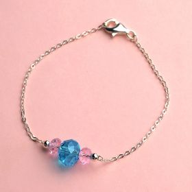 925 Silver Sterling Bracelet Jewelry with 2 Small Pink & 1 Big Blue Crystal Bangle