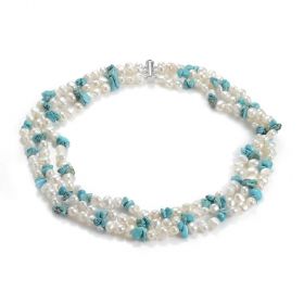 3 Strand Nugget White Pearls and Turquoise Chips Necklace