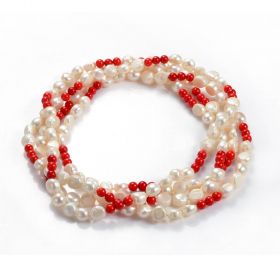 Fashion Long Pearl Necklace White Irregular Pearls with Red Coral Beads 60"