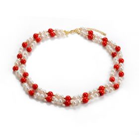 Double Strand Necklace 7-8mm White Freshwater Pearl Necklace with Red Coral Beads