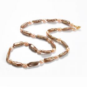 Coffee Dyed Stick Pearl and Pink Rice Freshwater Pearl Necklace