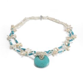 White Freshwater Pearl Sweater Chain Necklace with Turquoise and Glass Beads