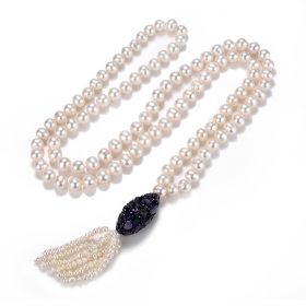 White Freshwater Pearl Tassel Necklace Long Beaded Sweater Necklace with Amethyst Pendant