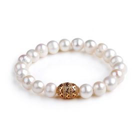 9-10mm White Freshwater Pearl Bracelet with Hollow Bling Bead for Women