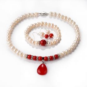 Noble 8-9mm Light Pink Pearl Red Coral Necklace Bracelet Earring Jewelry with Teardrop Pendant