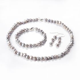 7-8mm Gray Freshwater Pearl Necklace Bracelet Earrings Set for Female Fashion Jewelry