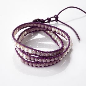 Freshwater Pearl and Purple Crystal Beaded 3 Wrap Bohemian Bracelet Purple Leather Jewelry