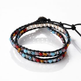 Black Leather Freshwater Pearl and Mix Colorful Crystal Beads 2 Wrap Bracelet Womens Jewelry